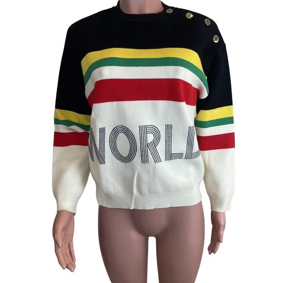 Sandro Paris Sweater Striped Slogan World Lovers Size 1/S US Multicolor Pullover - Picture 1 of 16